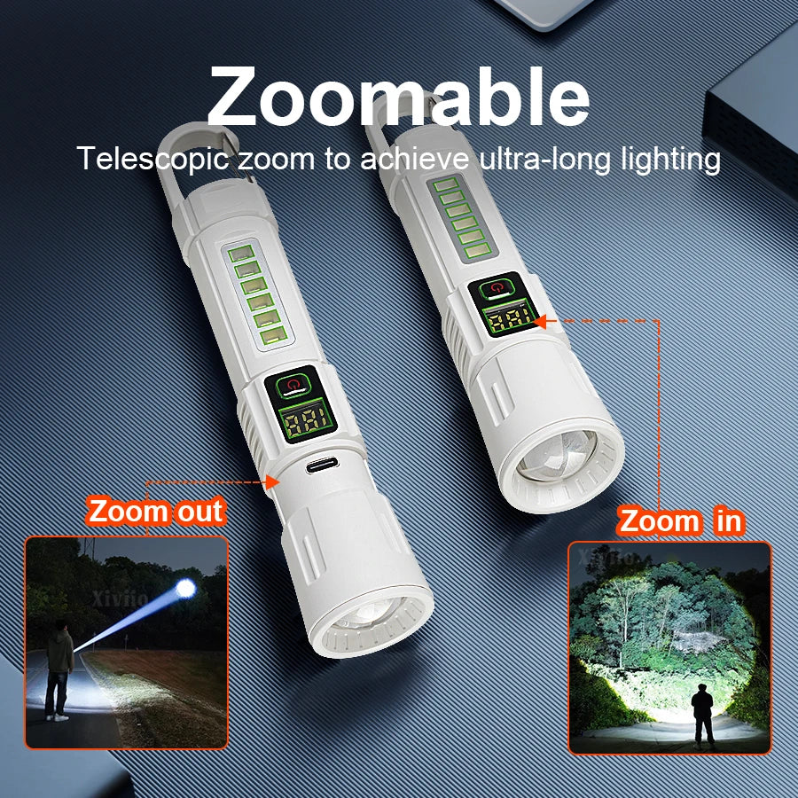 lampe torche blanc moderne résistante chocs zoom télescopique affichage led modes camping