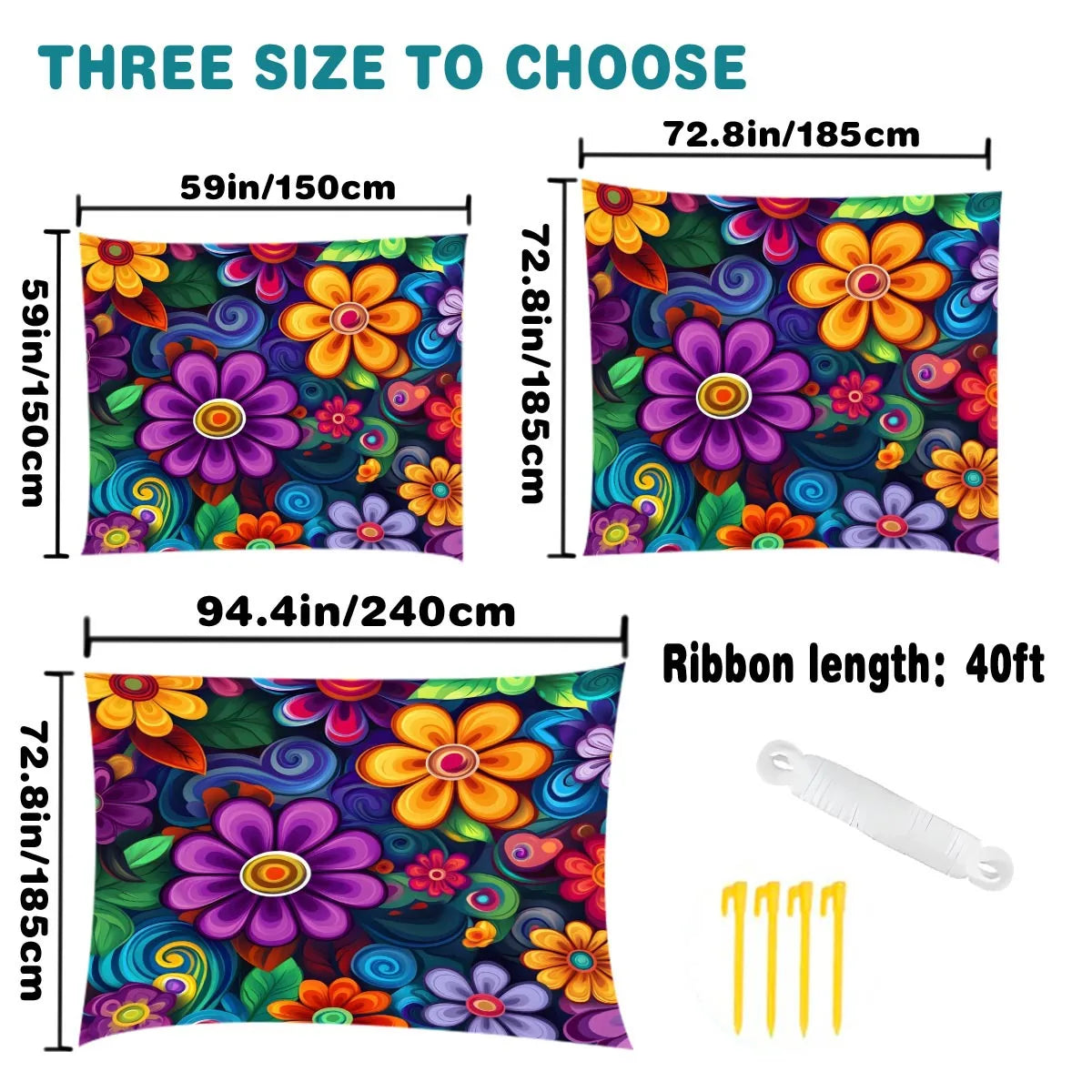 tapis sol multicolore fleurs modernes pop art ruban fixation 150x150cm 185x185cm 240x185cm
