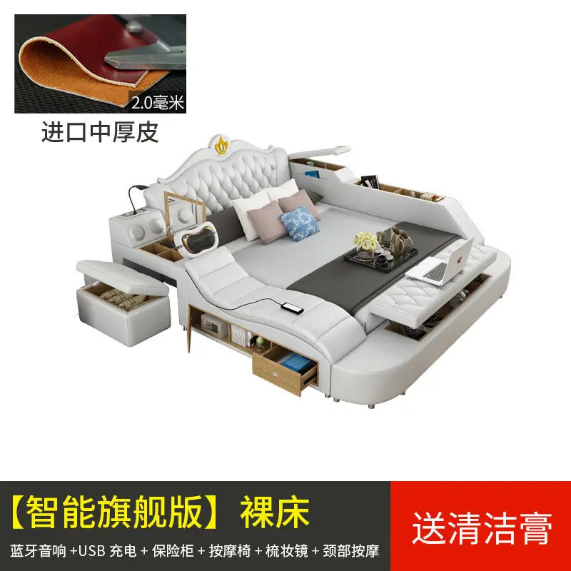 lit multifonctionnel moderne blanc gris oreillers coussins simili cuir rangement sous lit tablette intégrée