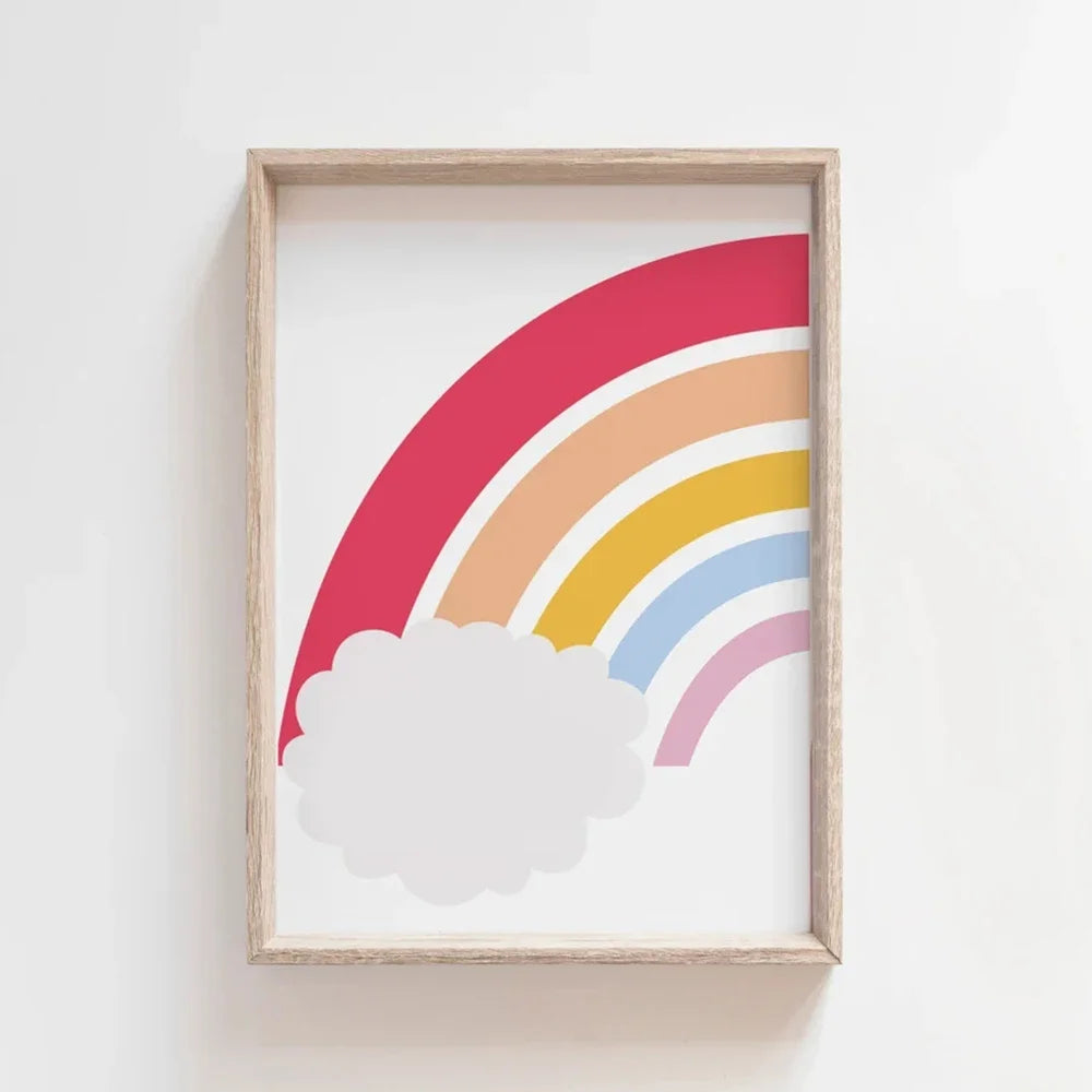 toile peinture moderne arc ciel nuages couleur rouge jaune verte bleue cadre bois chambre