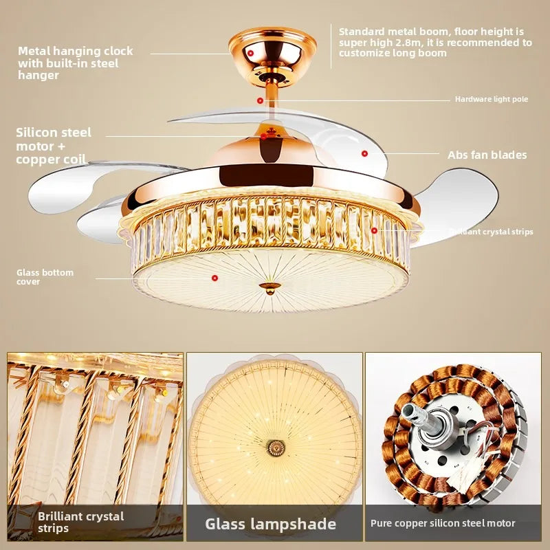 ventilateur cristal led lumineuses modernes télécommande or scintillant 42pouces