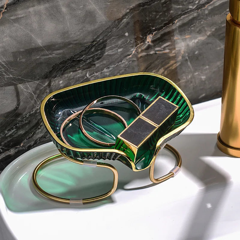 support savon moderne élégant vert doré rayures verticales clips salle bains organisateur éponge