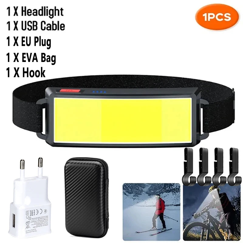 lampe frontale led cob rechargeable usb batterie intégrée indicateur puissance mode ajustable ceinture camping