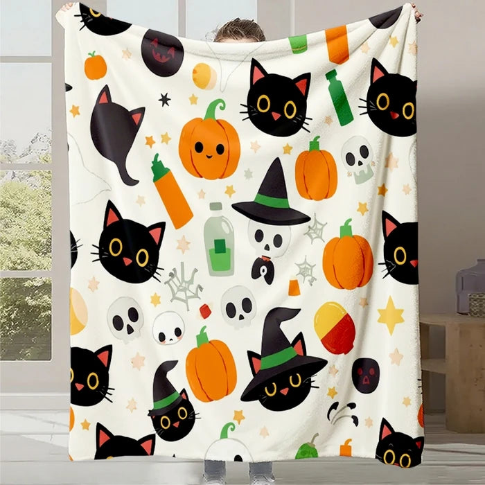 Une couverture festive d'Halloween avec des chats noirs, des citrouilles et des symboles effrayants.