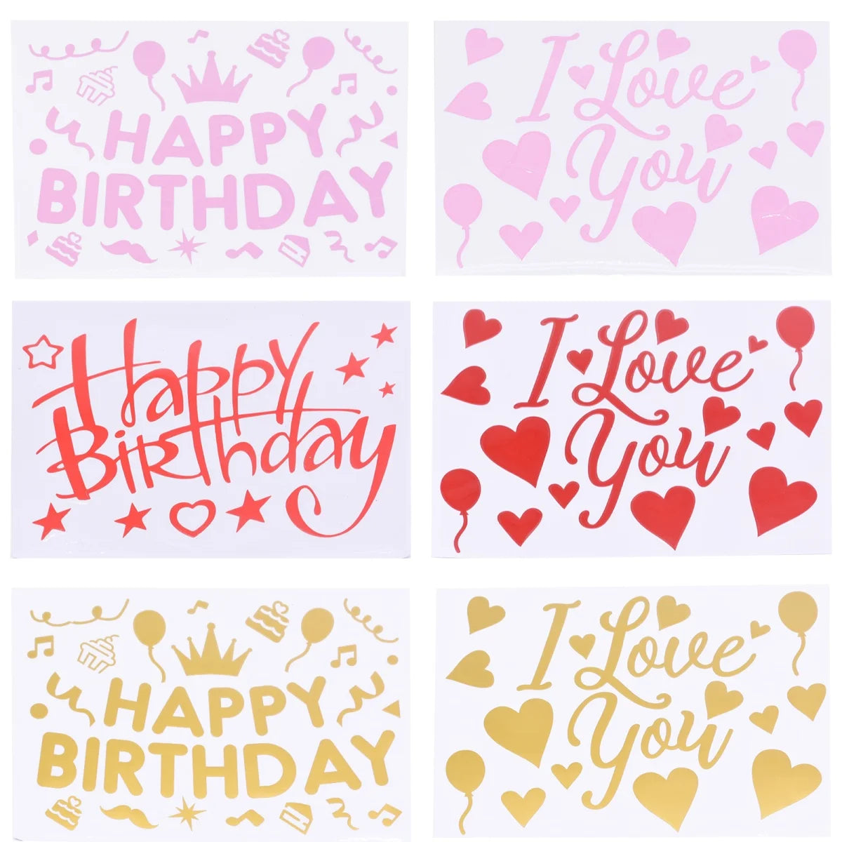 stickers decoratifs lettres stylisees coeurs confettis couronnes modernes adhesifs ballons gâteau doré rouge bleu