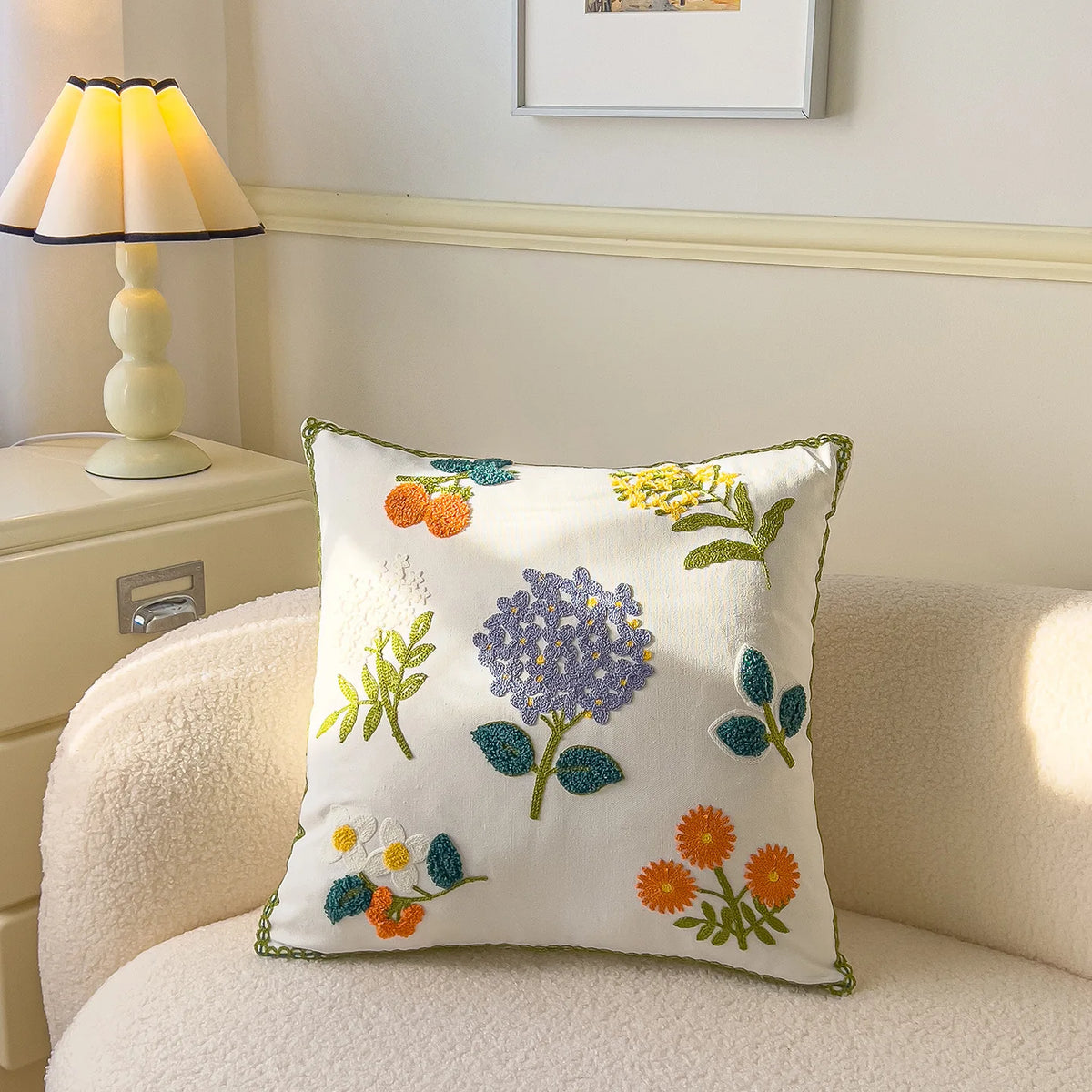 taie d'oreiller carrée fleur motif moderne polyester coton 45x45cm blanc