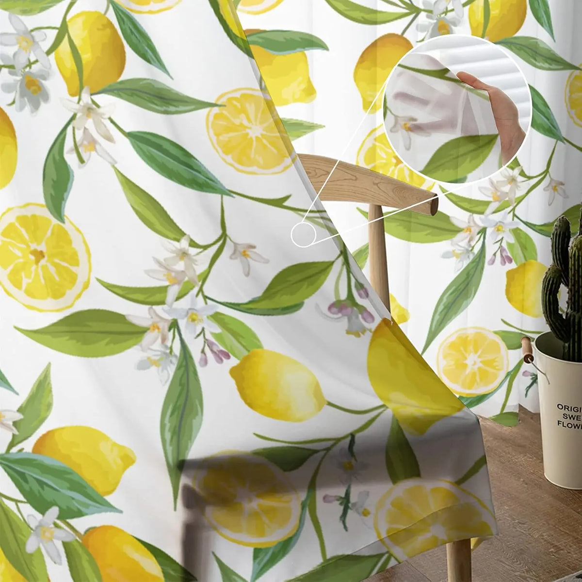 rideau moderne translucide citrons feuilles fleurs salon blanc jaune vert gris français été