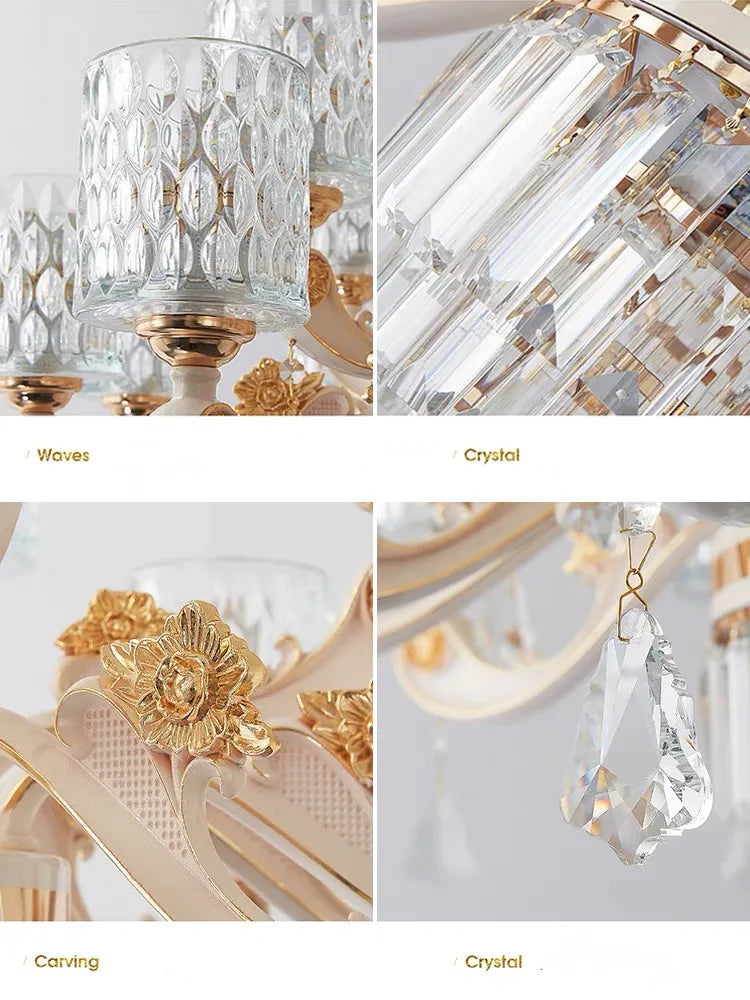 lustre led cristal ornementation dorée contemporain salon salle manger villa