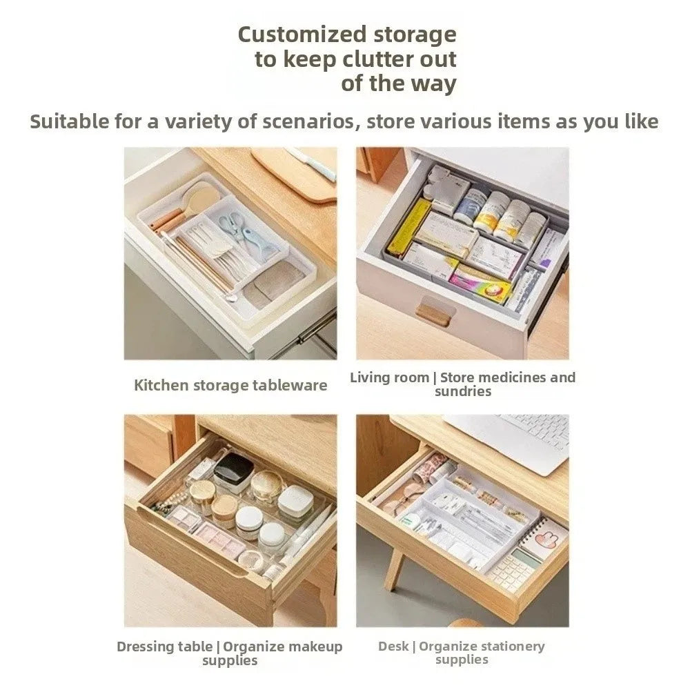organisateur tiroir modulaire blanc rangement ustensiles cuisine minimaliste boîte papeterie rétractable conteneurs multifonctionnels