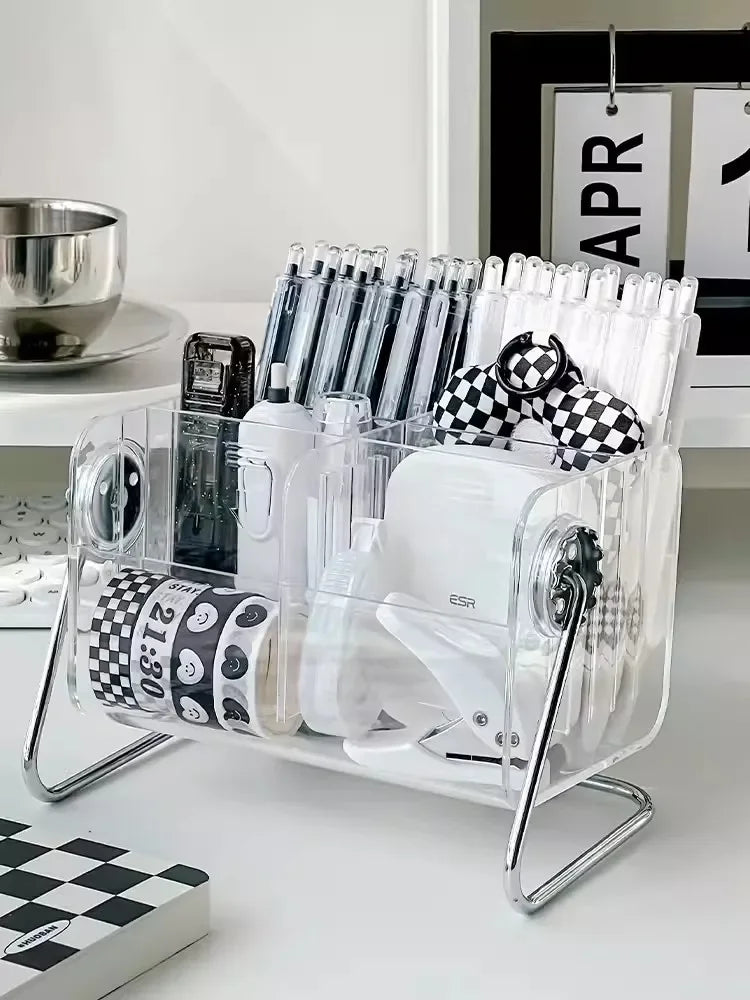 rangements transparent moderne compartiments stylos telephone livre rubans maquillage calendrier notes clavier