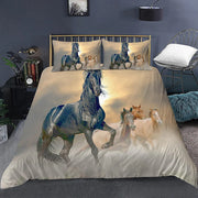 housse couette chevaux galopants paysage désertique polyester doux bleu foncé beige marron