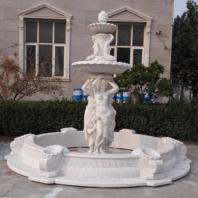 fontaine d'eau marbre noire blanche ornements floraux classique baroque jardinextérieur decoration handcarved polishedsurface