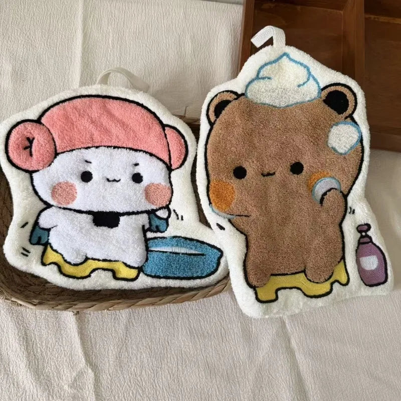 serviettes suspendues kawaii pandas ours pelucheuses brodées toilette enfantine blanc marron rose