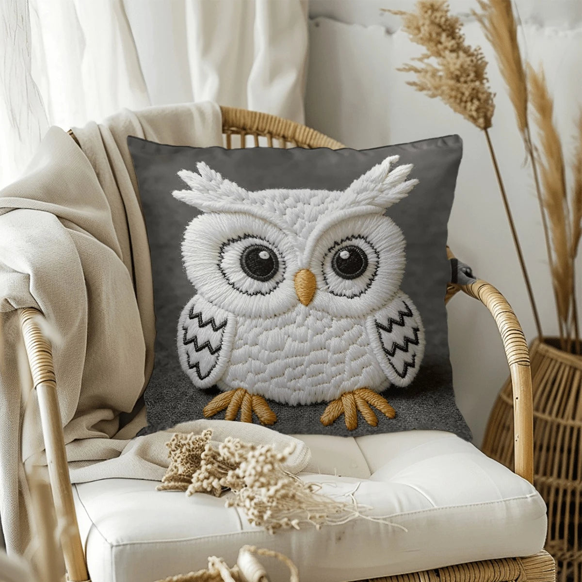 hibou relief coussin gris blanc orange rustique bohème decoratif texture laine coton