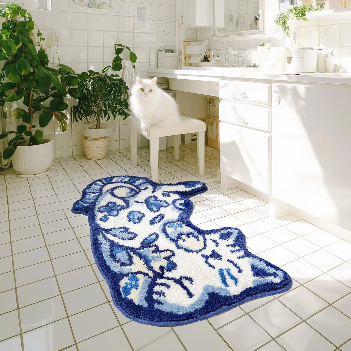 tapis bain antidérapant chat blanc bleu motifs floraux doux décoratif chambre enfant moderne