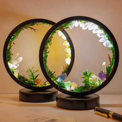 Lampe de chevet LED en quartz naturel avec design forestier, vue de face