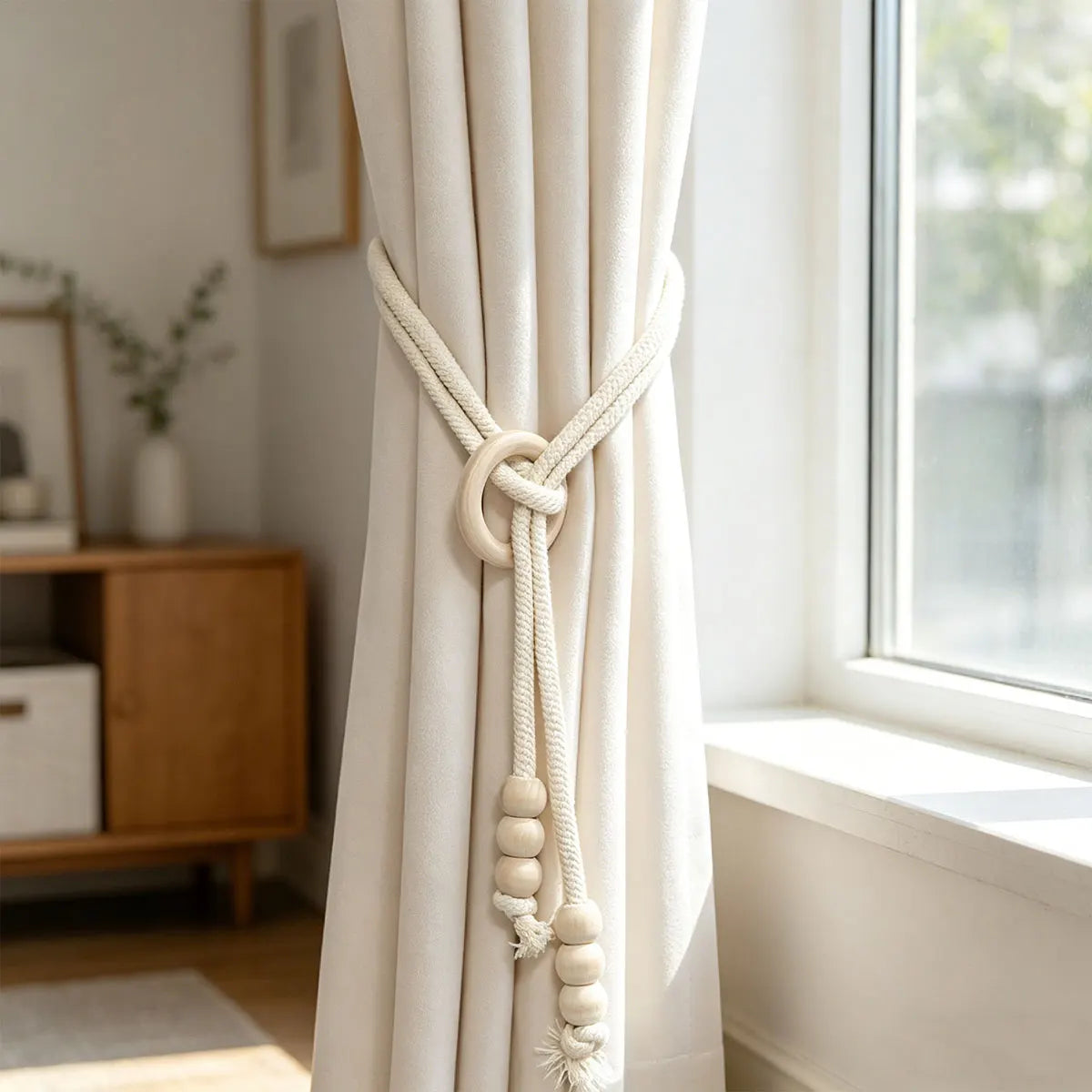 corde rideaux tressée bois anneaux rustique bohème beige clair fixations naturelles