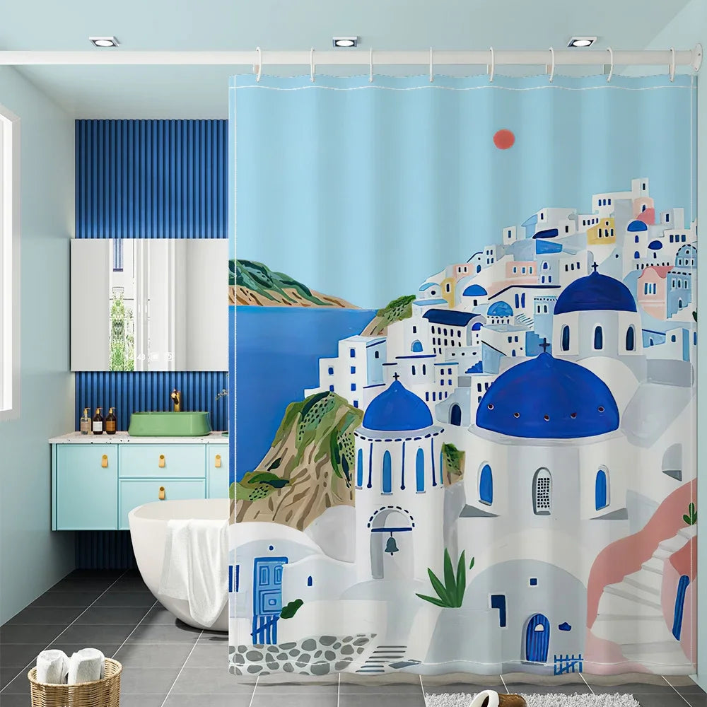 rideau douche polyester imperméable paysages urbains motifs naturels anneaux métalliques bleu blanc vert rose