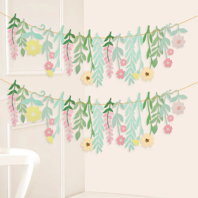 guirlande papier feuilles fleurs vert rose jaune pêche floral enfantin festif fil doréscrição