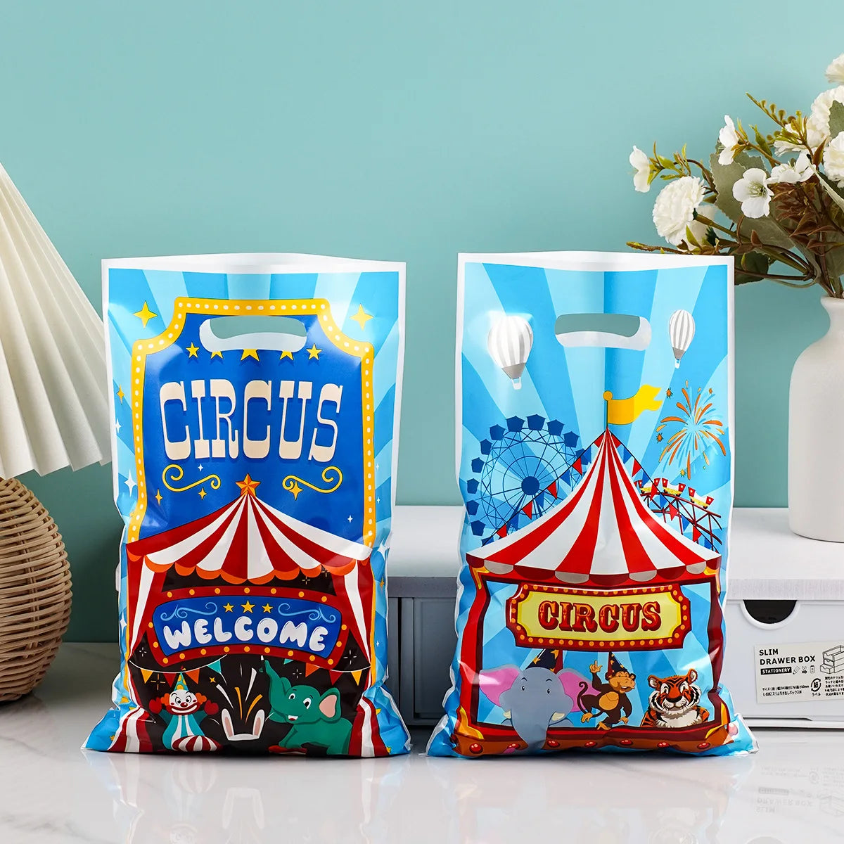 sacs fête thème cirque animaux ballons étoiles dorées poignée détachable multicolore anniversaire baby shower