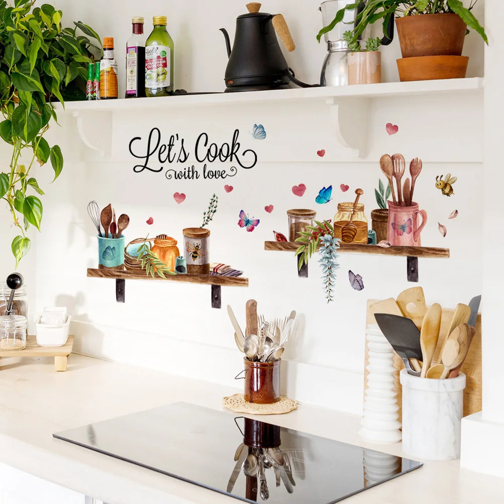 stickers muraux cuisine ustensiles papillons coeurs let's cook illustration adhésif multicolore rustique decoration