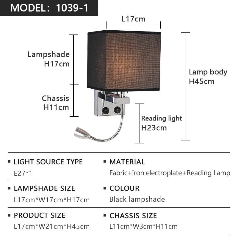 lampe murale moderne led usb interrupteur tissu blanc beige noir
