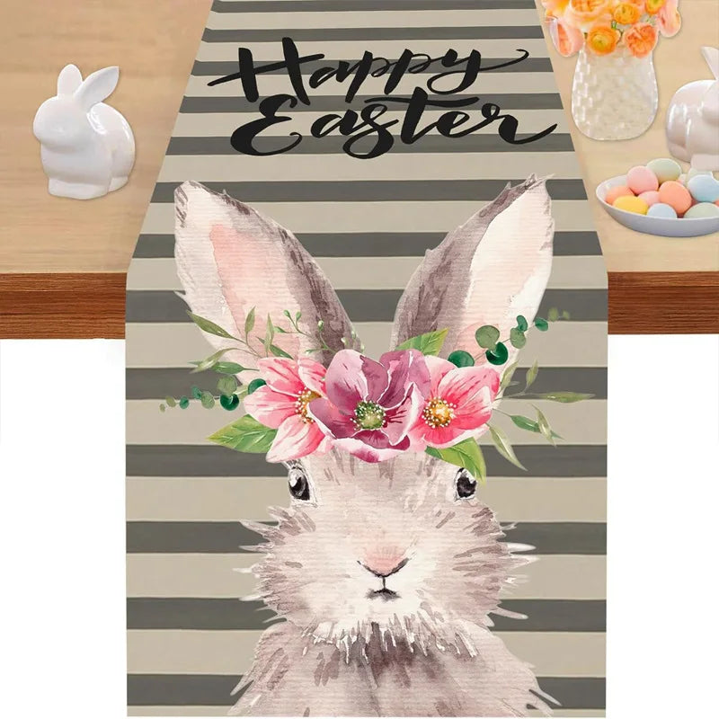 table pâques rectangle polyester fleurs lapins œufs happy easter beige blanc festive pastorale
