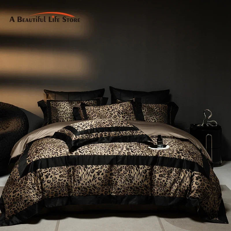 ensemble literie coton egyptien imprimé léopard marron noir ultra doux king queen