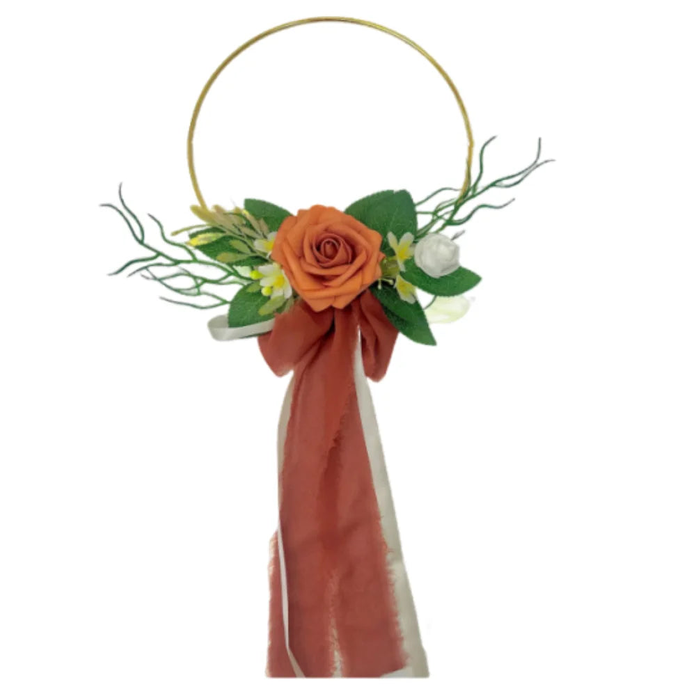 accessoires mariage bohème fleurs artificielles roses feuilles vertes rubans cercles dorés demoiselles honneur