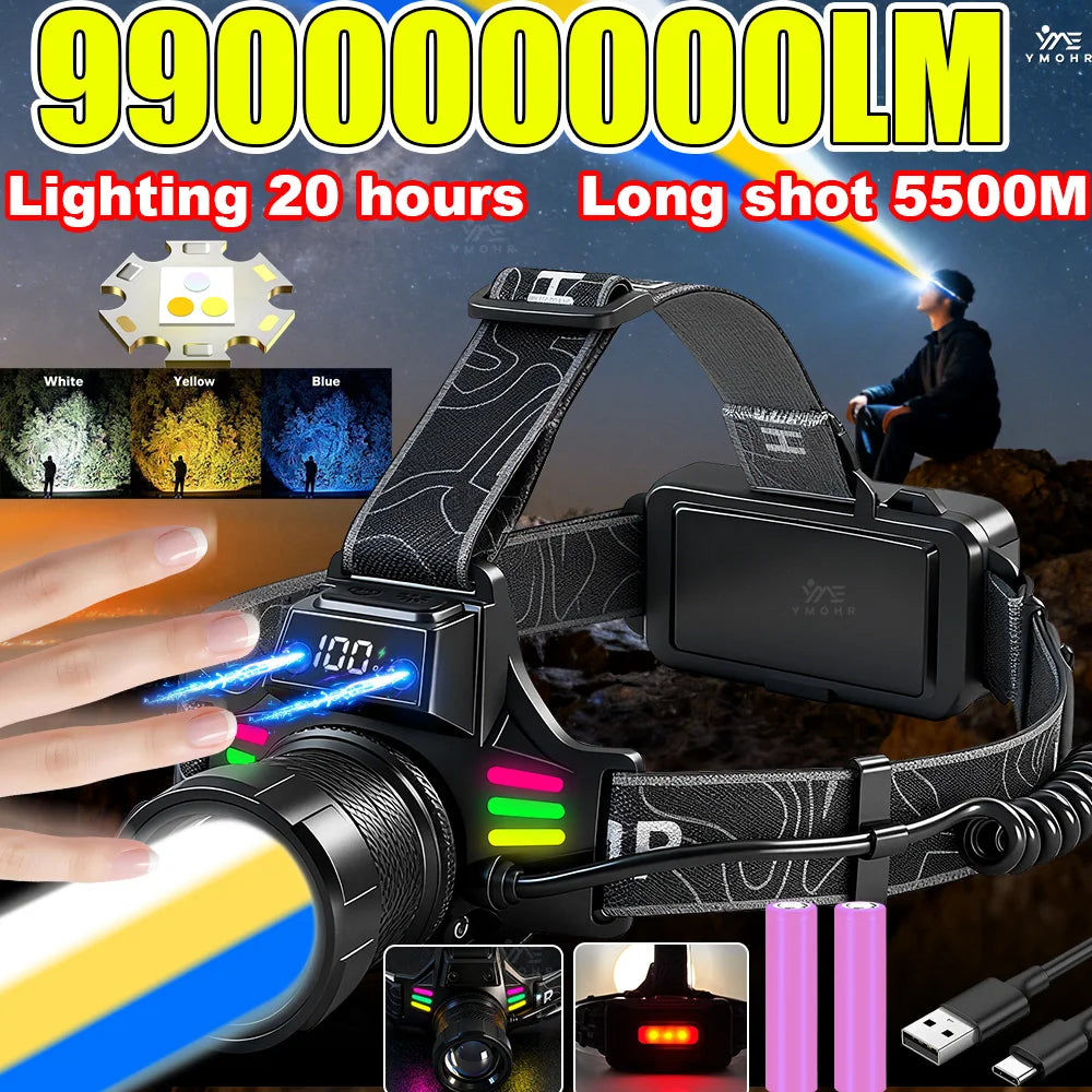 lampe frontale rechargeable usb tête bande ajustable mode lumière camping