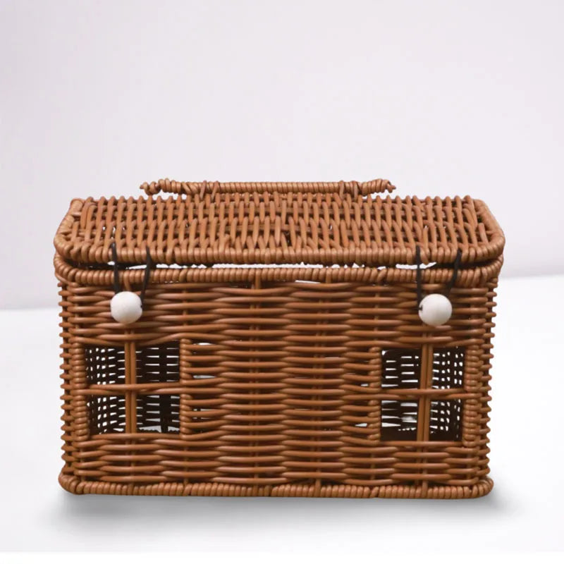 panier rangement osier motif maison fenêtres porte vintage bleu vert rose marron beige poignée