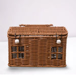 panier rangement osier motif maison fenêtres porte vintage bleu vert rose marron beige poignée