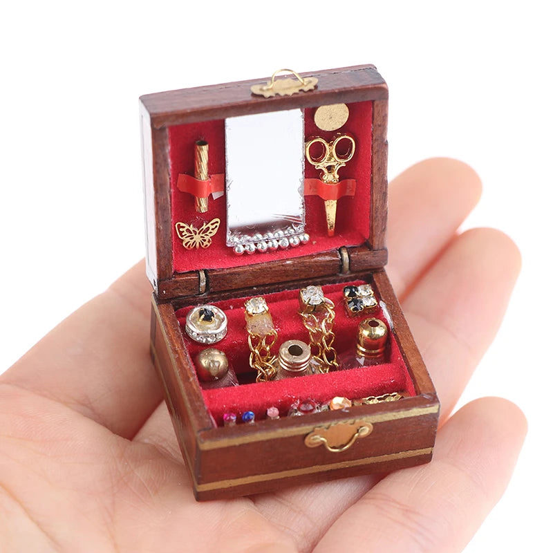 coffret bijoux miniature vintage bois marron velours rouge miroir ciseaux papillon bijoux enfants chic