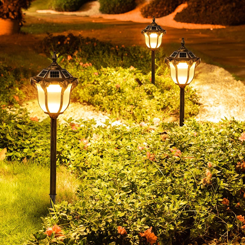 lampe solaire extérieure or noir classique ornements dorés panneaux solaires pied métallique autonomie led
