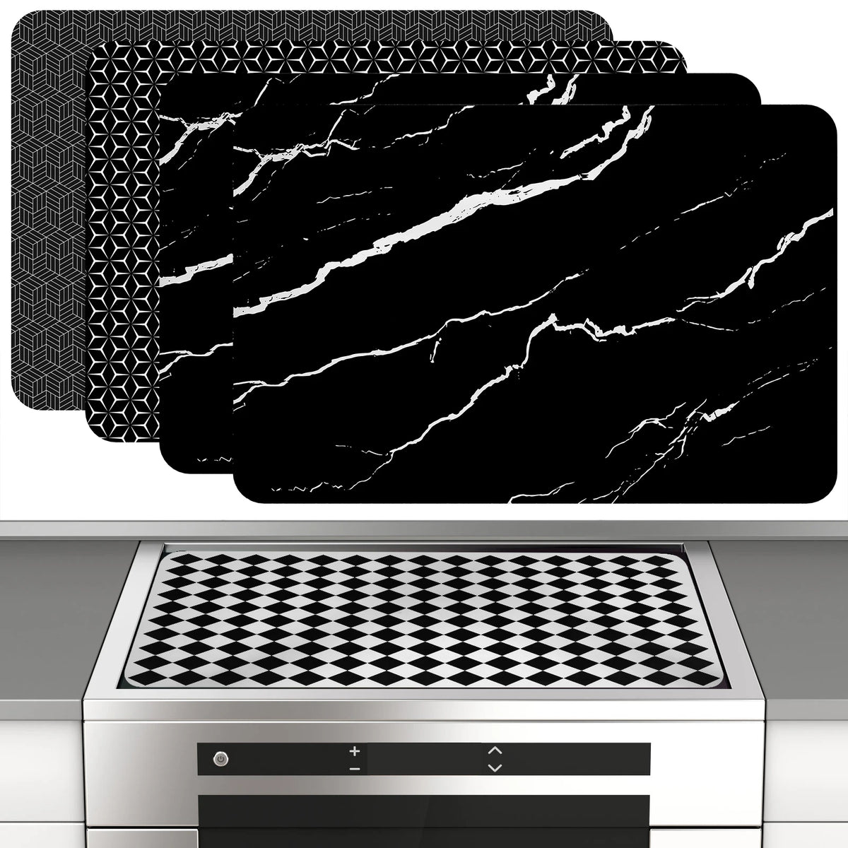 protège plaque induction silicone anti rayures moderne noir motif géométrique respectueux environnement antidérapant 78x52cm