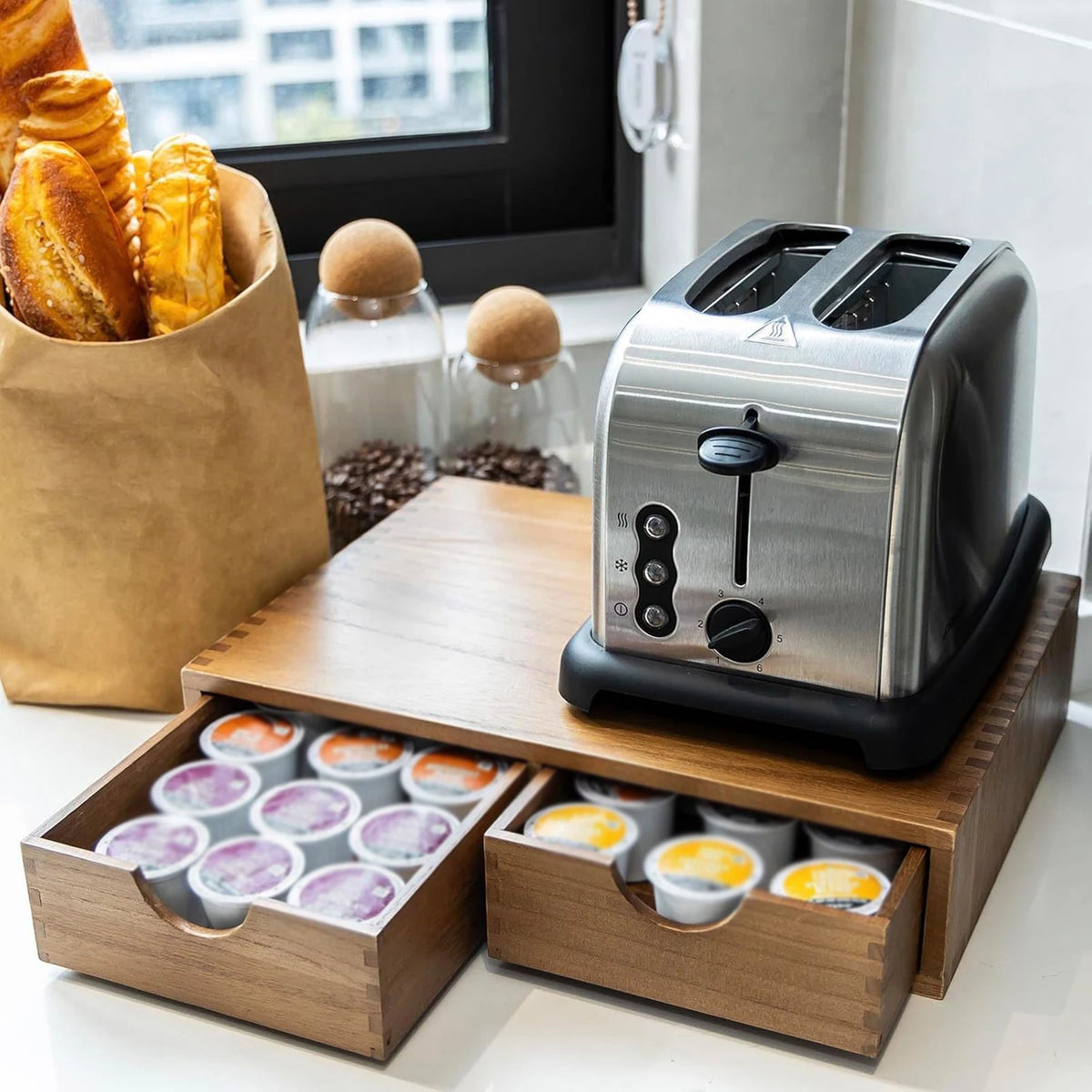 boîte rangement tasses bois naturel moderne minimaliste tiroirs capsules rangement kitchen organizer