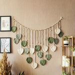guirlande murale boho feuilles vert sauge blanc tissage macramé naturel