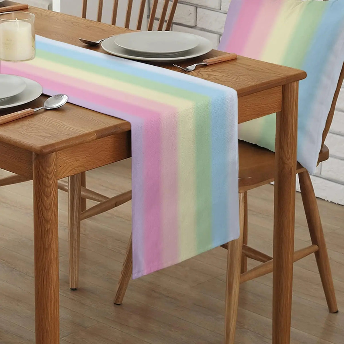 table cheminement lin rayé arc ciel moderne rose jaune verte bleue violette