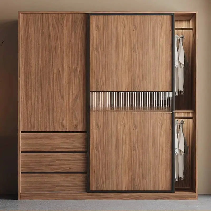 armoire portes coulissantes moderne bois naturel noir étagères tiroirs minimaliste chambre coucher