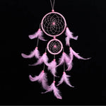 attrape rêves bohème suspendu plumes duvetées filets corde tressée bois blanc bleu violet rose