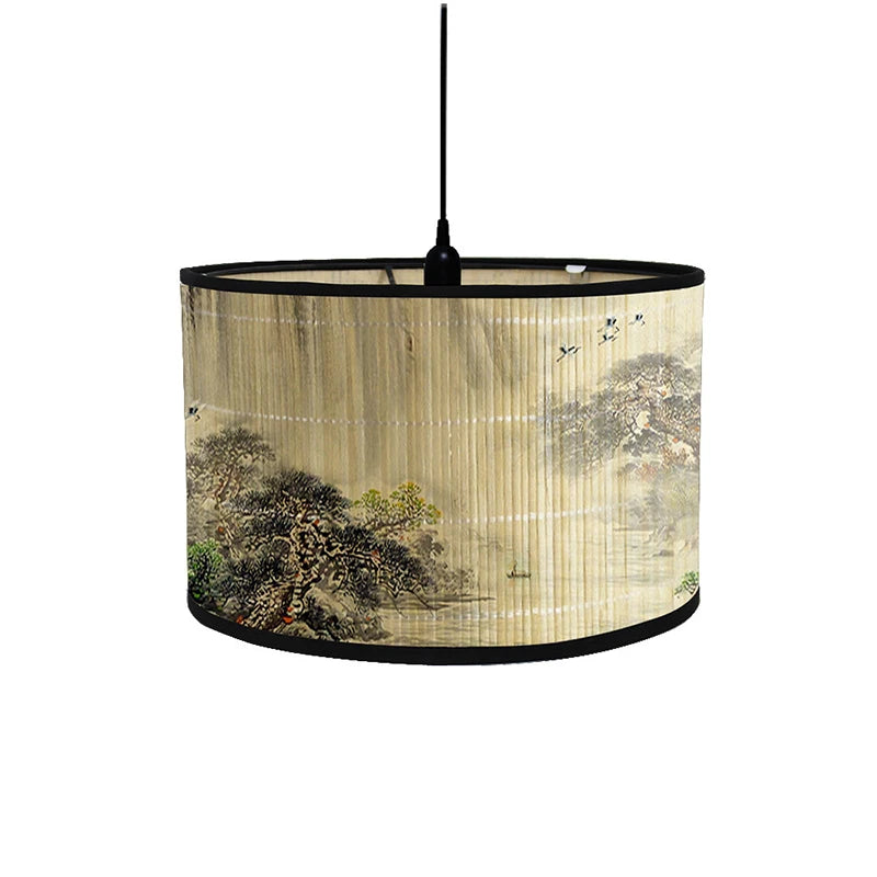 abat jour bambou imprimé floral vintage tringle beige noir oriental traditionnel