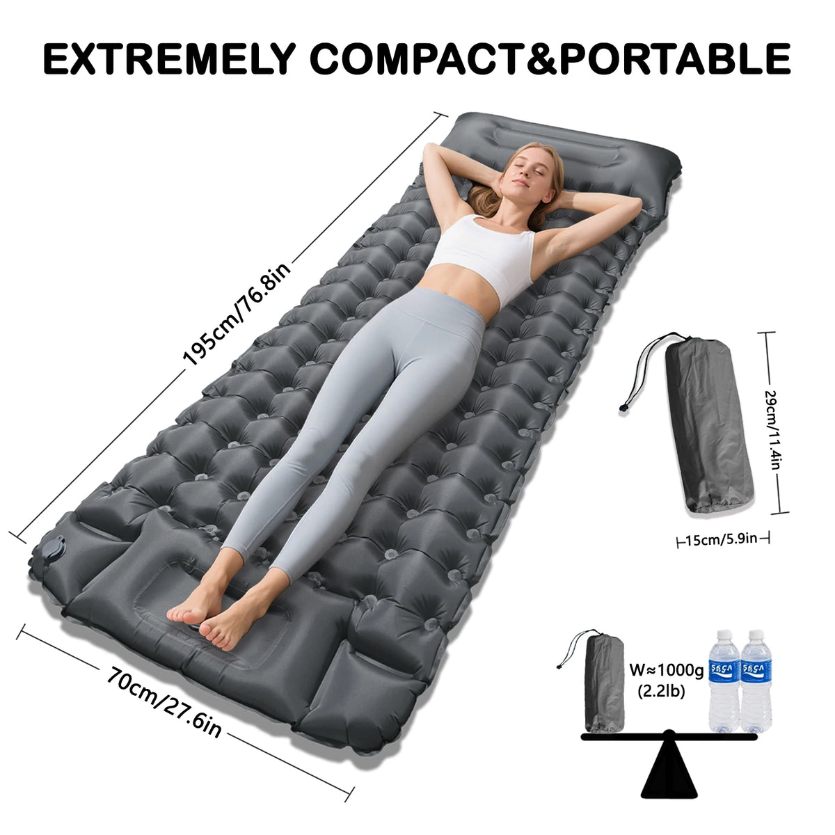 matelas gonflable bleu marine confortable texture boutons sac rangement camping plein air