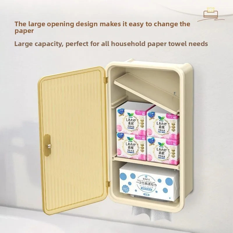 distributeur serviettes papier murale moderne trois niveaux compartiments amovibles beige clair rayures verticales transparent