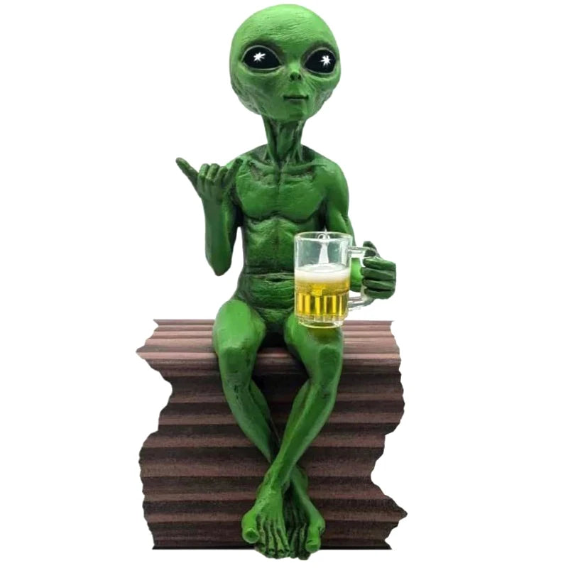 statues aliens résine vert gris yeux grands ouverts réaliste détaillé verre bière intérieur extérieur