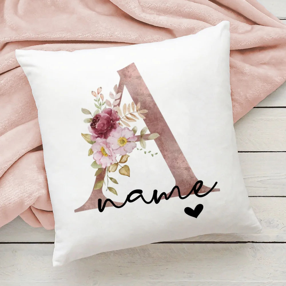 taie d'oreiller motif floral rose lettres initiales respectueux environnement moderne blanc