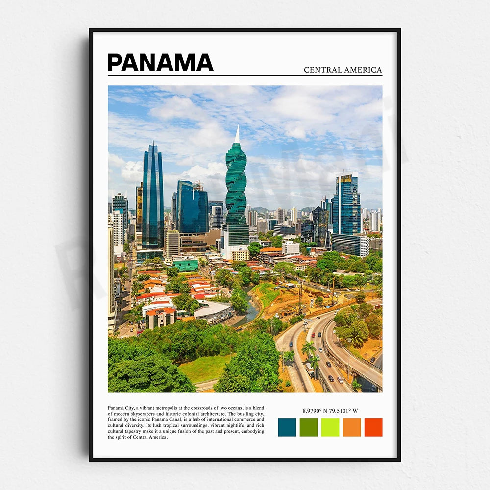 L'image montre le paysage urbain de la ville de Panama, la capitale du Panama, située en Amérique centrale. On peut voir une skyline composée de gratte-ciels modernes ainsi que des bâtiments historiques, le tout entouré de verdure. Cette métropole vibrante est un carrefour entre deux océans, alliant architecture contemporaine et patrimoine colonial, et offrant une diversité culturelle riche.