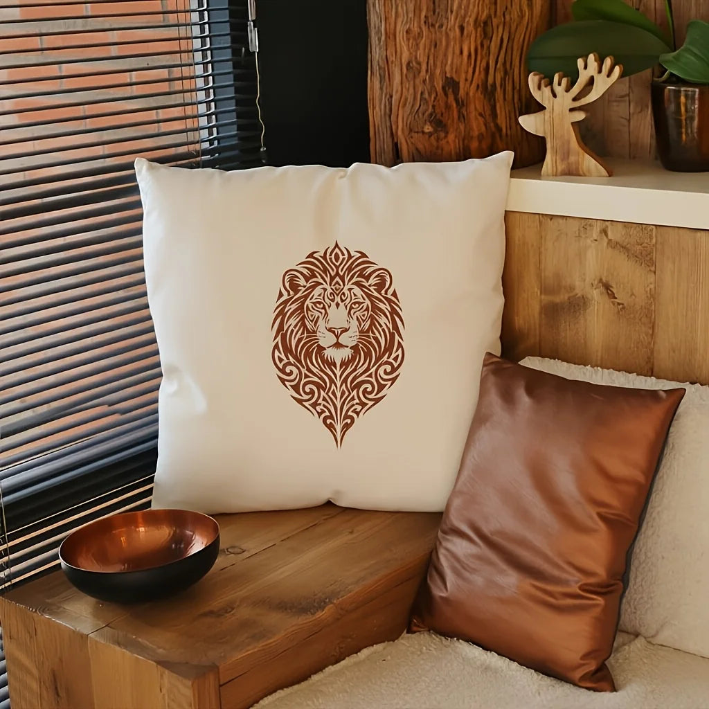 pochoir stencil lion stylisé motifs floraux blanc brun artisanal adhésif peinture bois décoration intérieure