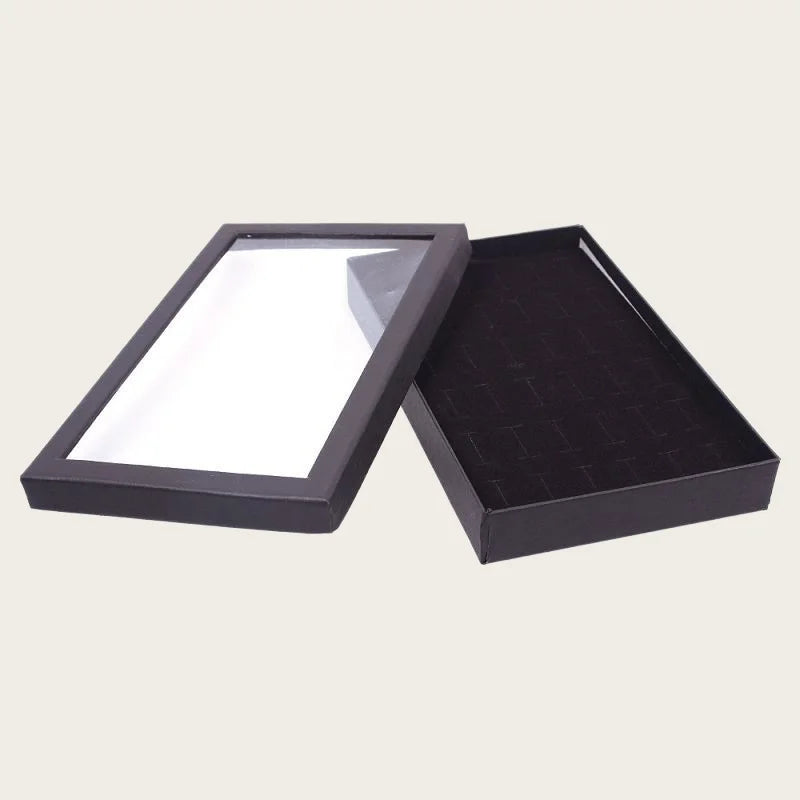 boîte bijoux velours noir geometrique classique rangement 36 compartiments couvercle transparent métal