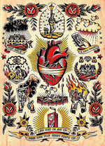 sticker autocollant tatouage vintage motifs traditionnels fleurs animaux symboles rouge noir beige blanc bleu