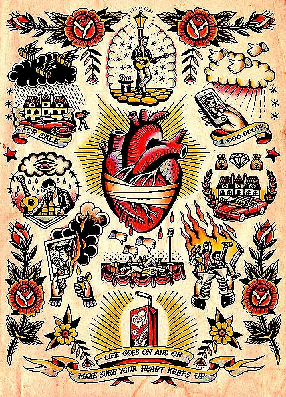 sticker autocollant tatouage vintage motifs traditionnels fleurs animaux symboles rouge noir beige blanc bleu